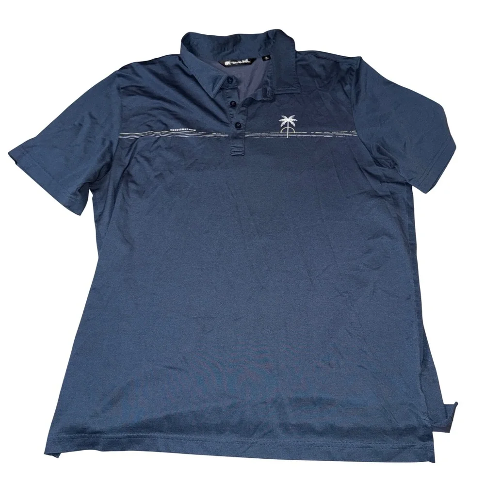 TravisMathew Polo Shirt XL Navy Blue Palm Tree Graphic Performance Golf Top